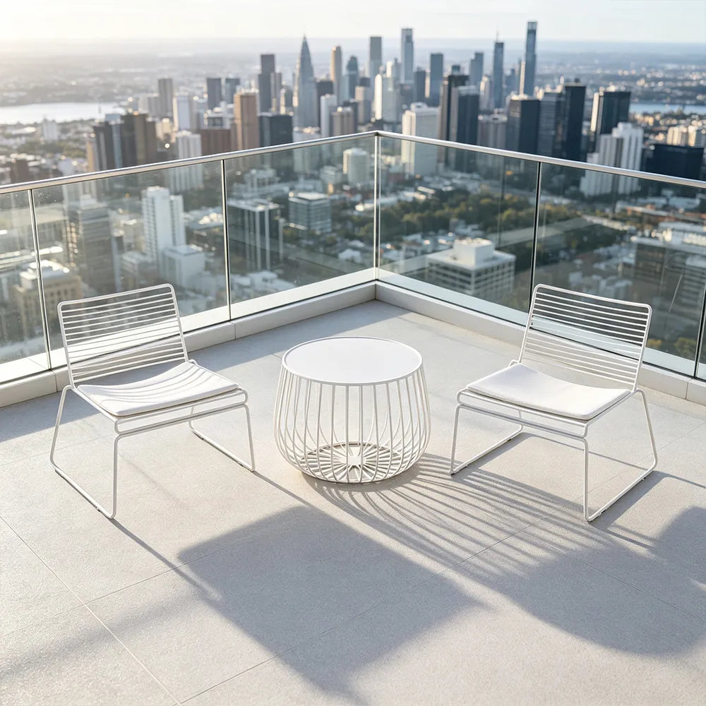 SOLARA 3 Piece Outdoor Lounge Set 1 Table 2 Chairs Carbon Steel Frame Waterproof Cushions for Balcony Patio and Garden - White
