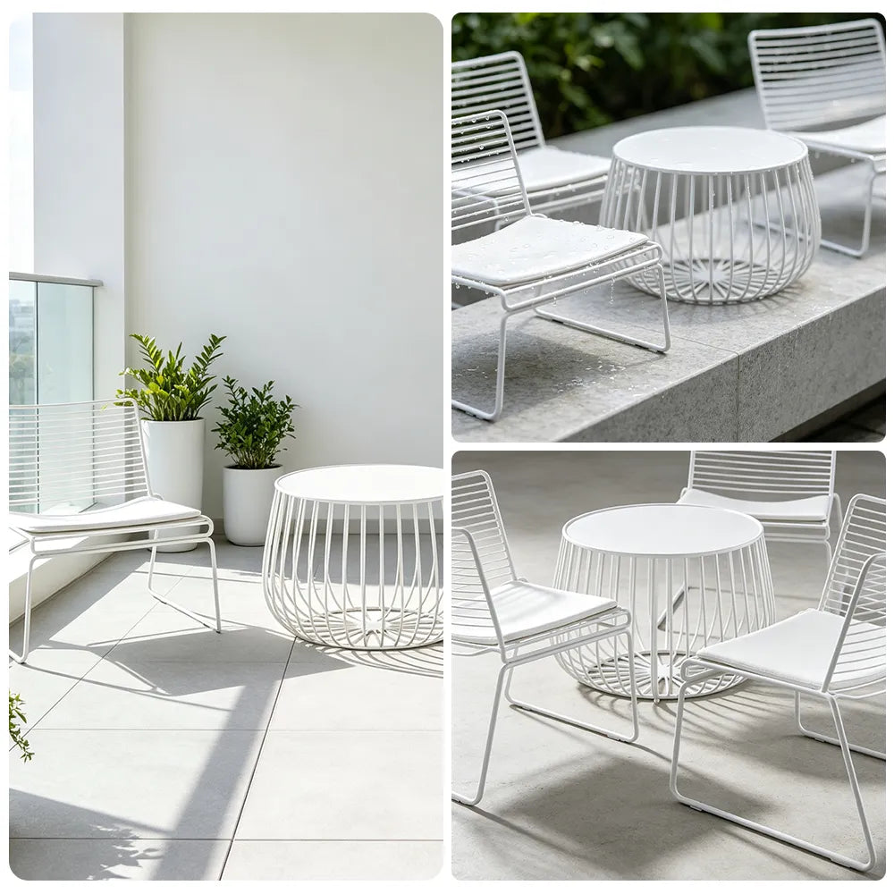 SOLARA 3 Piece Outdoor Lounge Set 1 Table 2 Chairs Carbon Steel Frame Waterproof Cushions for Balcony Patio and Garden - White