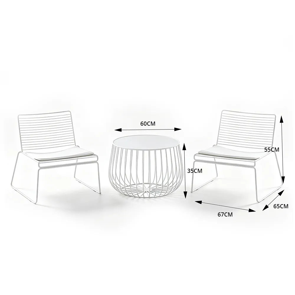 SOLARA 3 Piece Outdoor Lounge Set 1 Table 2 Chairs Carbon Steel Frame Waterproof Cushions for Balcony Patio and Garden - White