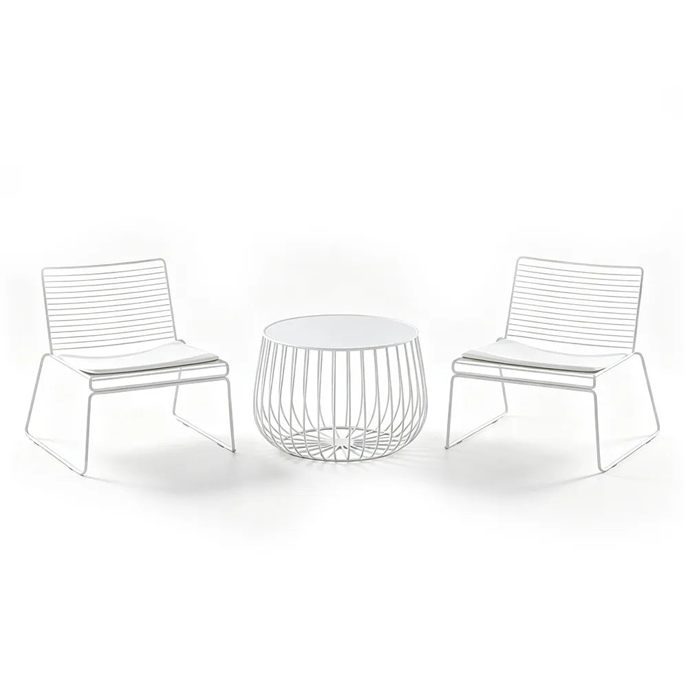 SOLARA 3 Piece Outdoor Lounge Set 1 Table 2 Chairs Carbon Steel Frame Waterproof Cushions for Balcony Patio and Garden - White