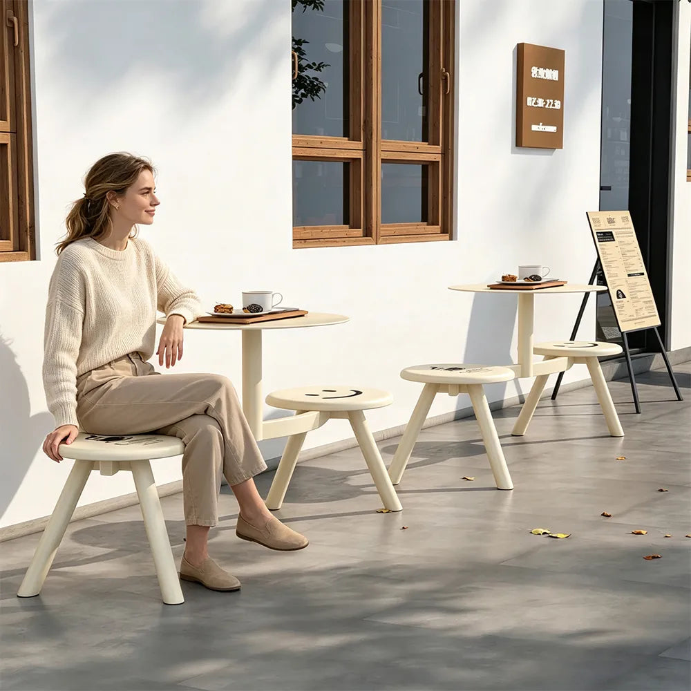 SOLARA Integrated Outdoor Table and Chair Set Space Saving Metal Frame for Balcony Patio Cafe and Waiting Area - White