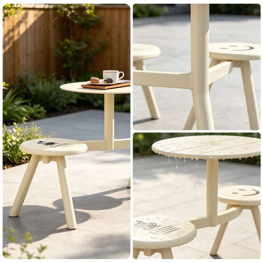 SOLARA Integrated Outdoor Table and Chair Set Space Saving Metal Frame for Balcony Patio Cafe and Waiting Area - White