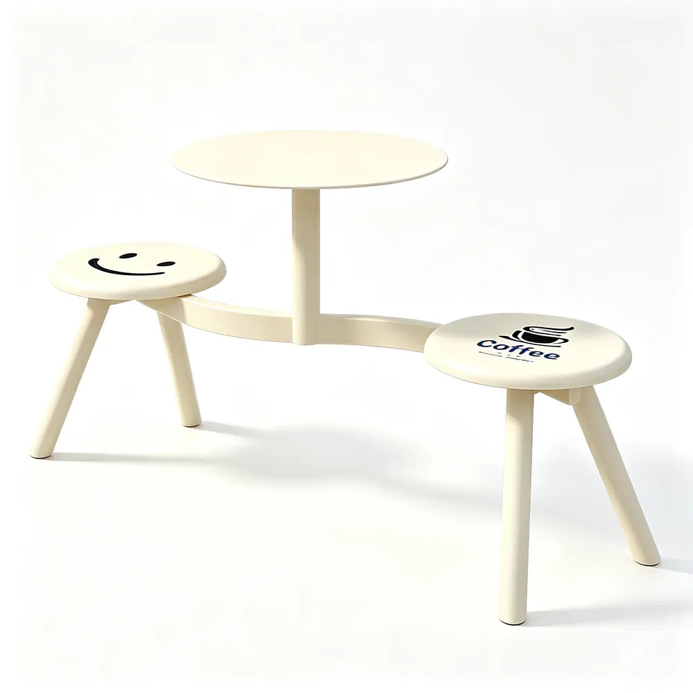 SOLARA Integrated Outdoor Table and Chair Set Space Saving Metal Frame for Balcony Patio Cafe and Waiting Area - White