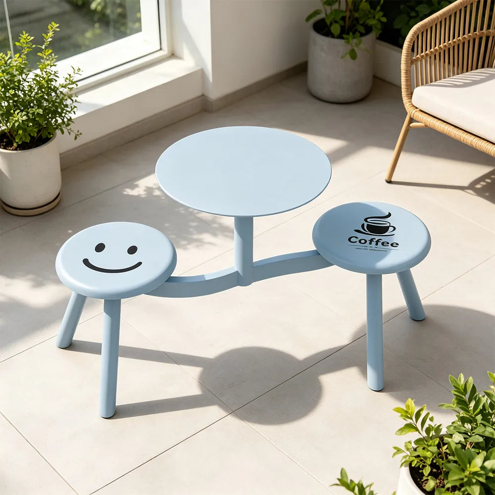 SOLARA Integrated Outdoor Table and Chair Set Space Saving Metal Frame for Balcony Patio Cafe and Waiting Area - Blue