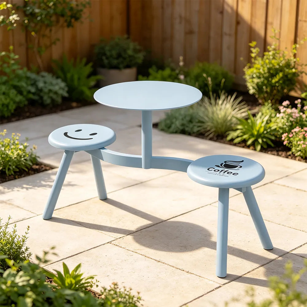 SOLARA Integrated Outdoor Table and Chair Set Space Saving Metal Frame for Balcony Patio Cafe and Waiting Area - Blue