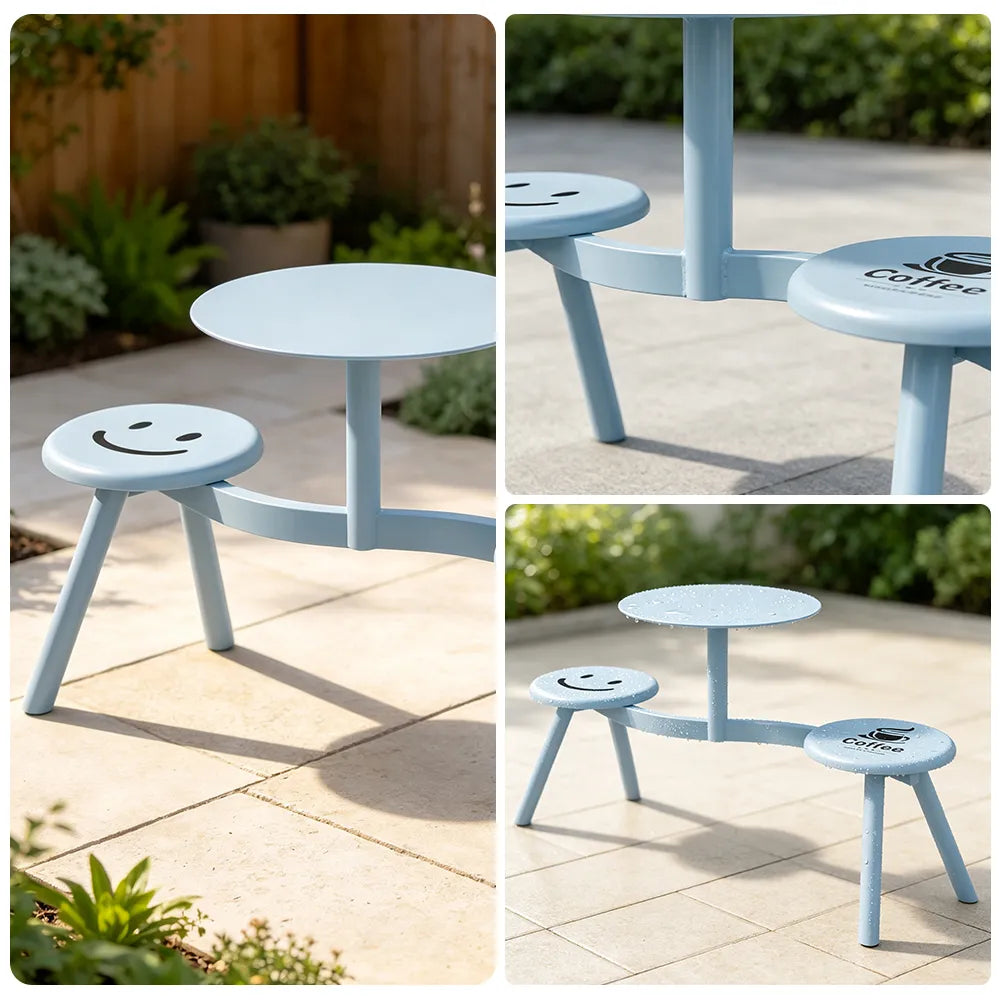 SOLARA Integrated Outdoor Table and Chair Set Space Saving Metal Frame for Balcony Patio Cafe and Waiting Area - Blue