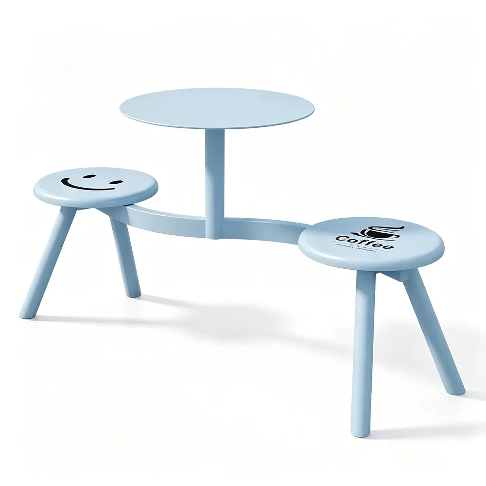 SOLARA Integrated Outdoor Table and Chair Set Space Saving Metal Frame for Balcony Patio Cafe and Waiting Area - Blue