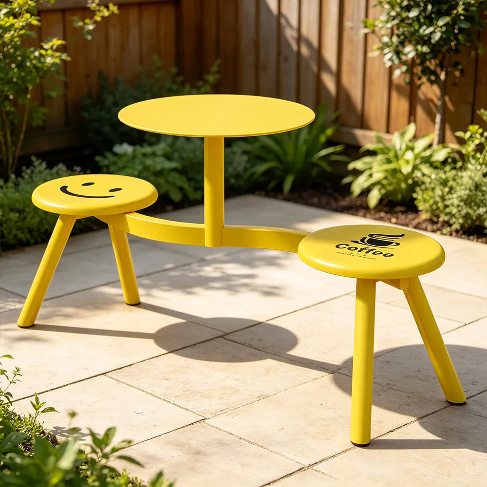 SOLARA Integrated Outdoor Table and Chair Set Space Saving Metal Frame for Balcony Patio Cafe and Waiting Area - Yellow