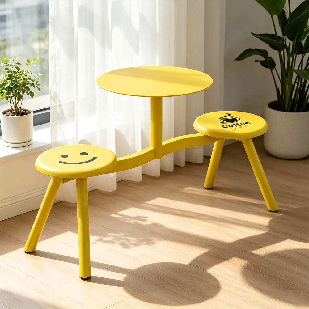 SOLARA Integrated Outdoor Table and Chair Set Space Saving Metal Frame for Balcony Patio Cafe and Waiting Area - Yellow