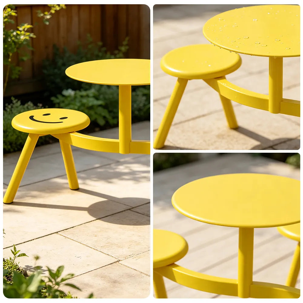 SOLARA Integrated Outdoor Table and Chair Set Space Saving Metal Frame for Balcony Patio Cafe and Waiting Area - Yellow