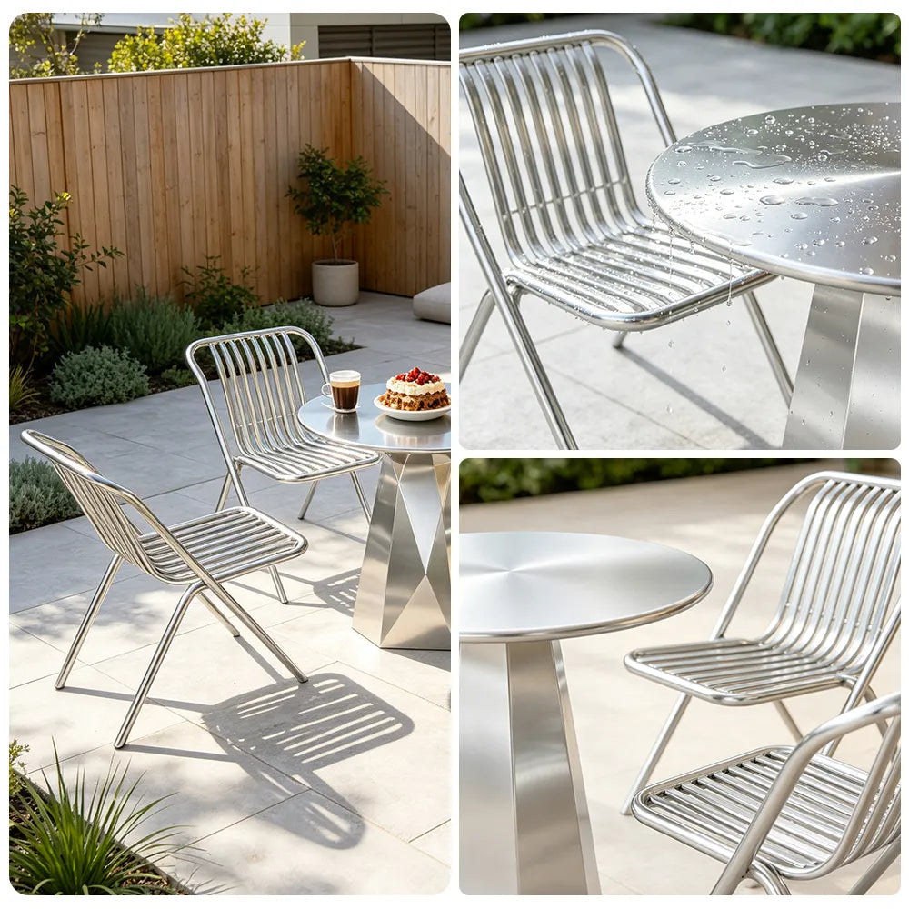 SOLARA Outdoor Bistro Set Commercial Grade Steel Frame Vintage Metal Style for Cafe Courtyard Patio and Hotel - Silver