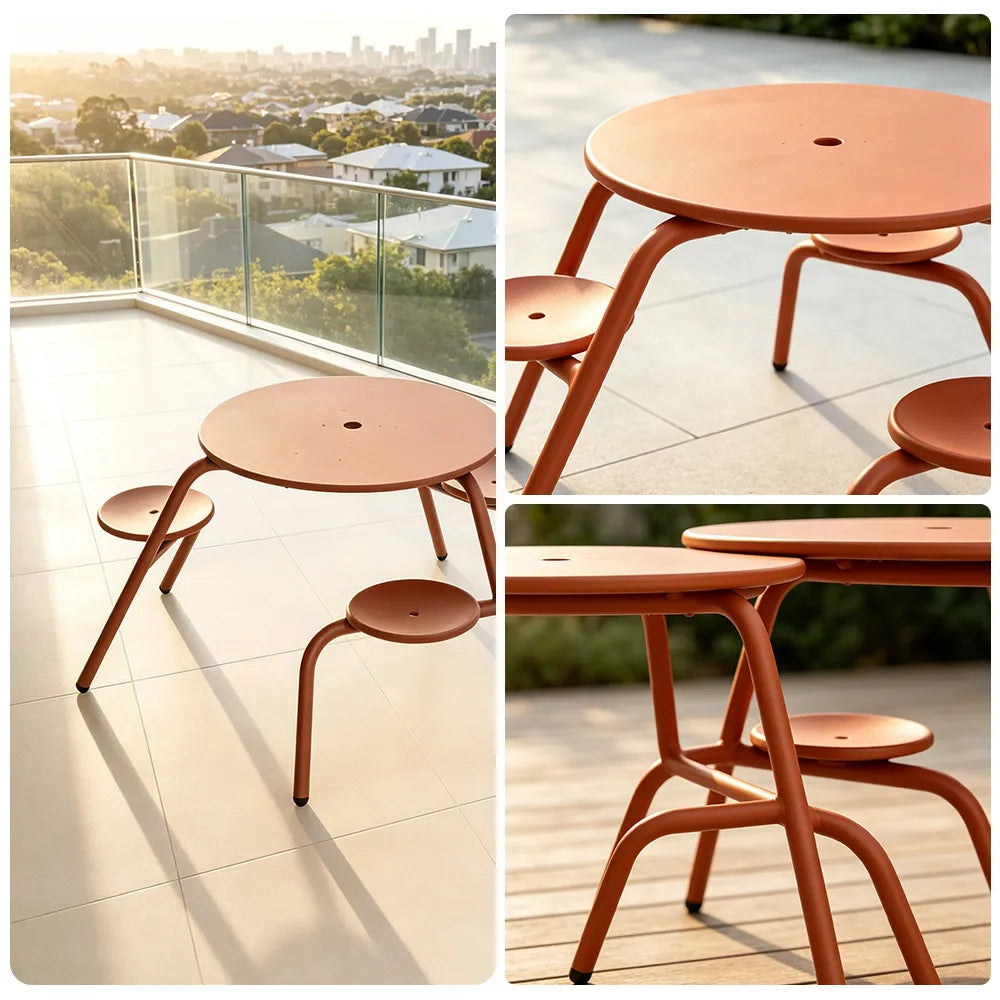 SOLARA Integrated Outdoor Table Bench Set L Shaped Iron Frame Weather Resistant for Park Patio Courtyard and Public Space