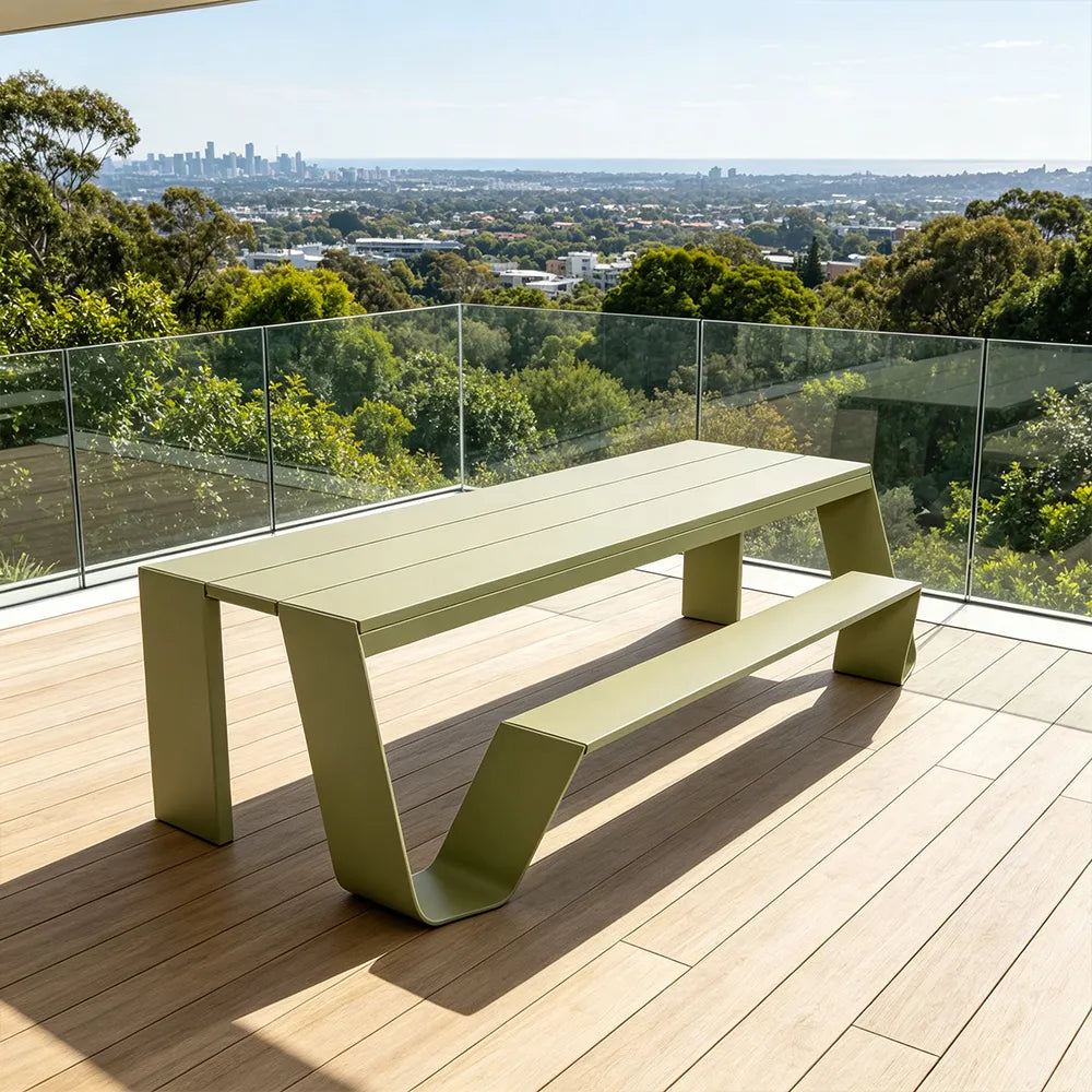 SOLARA Outdoor Bench Table Set - 2.0m Galvanised Steel Frame Weather Resistant Design for Garden Patio Park Leisure Spaces - Green