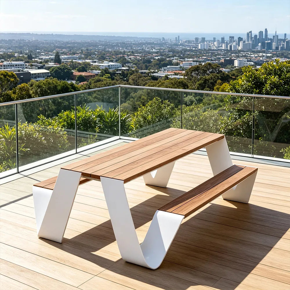 SOLARA Outdoor Picnic Table Set - 2.0m Teak Wood Top Stainless Steel Frame Double Bench Design for Garden Patio Park Leisure Spaces - Natural