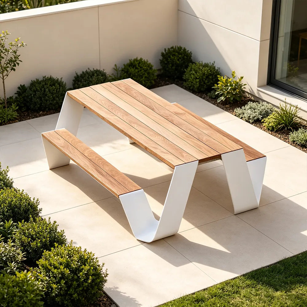 SOLARA Outdoor Picnic Table Set - 2.0m Teak Wood Top Stainless Steel Frame Double Bench Design for Garden Patio Park Leisure Spaces - Natural