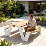 SOLARA Outdoor Picnic Table Set - 2.0m Teak Wood Top Stainless Steel Frame Double Bench Design for Garden Patio Park Leisure Spaces - Natural
