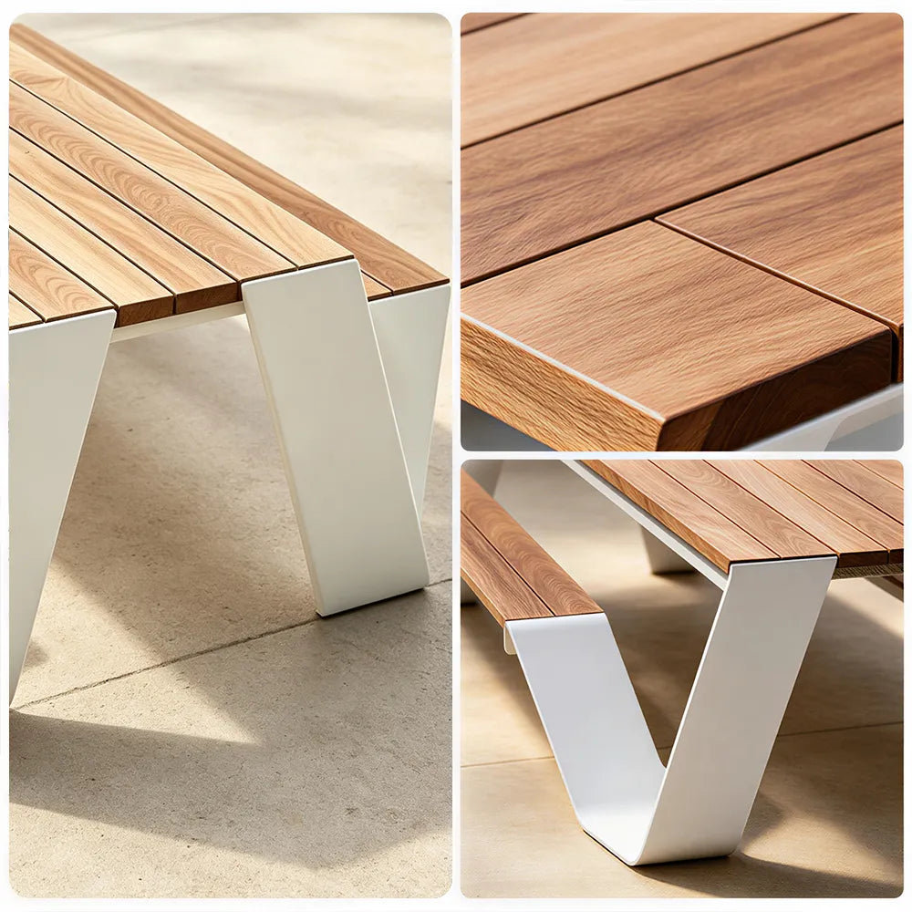 SOLARA Outdoor Picnic Table Set - 2.0m Teak Wood Top Stainless Steel Frame Double Bench Design for Garden Patio Park Leisure Spaces - Natural