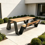 SOLARA Outdoor Dining Table Set - 2.0m Teak Wood Top Stainless Steel Frame Single Backrest Bench Design for Garden Patio Leisure Spaces - Natural