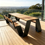 SOLARA Outdoor Dining Table Set - 2.0m Teak Wood Top Stainless Steel Frame Single Backrest Bench Design for Garden Patio Leisure Spaces - Natural