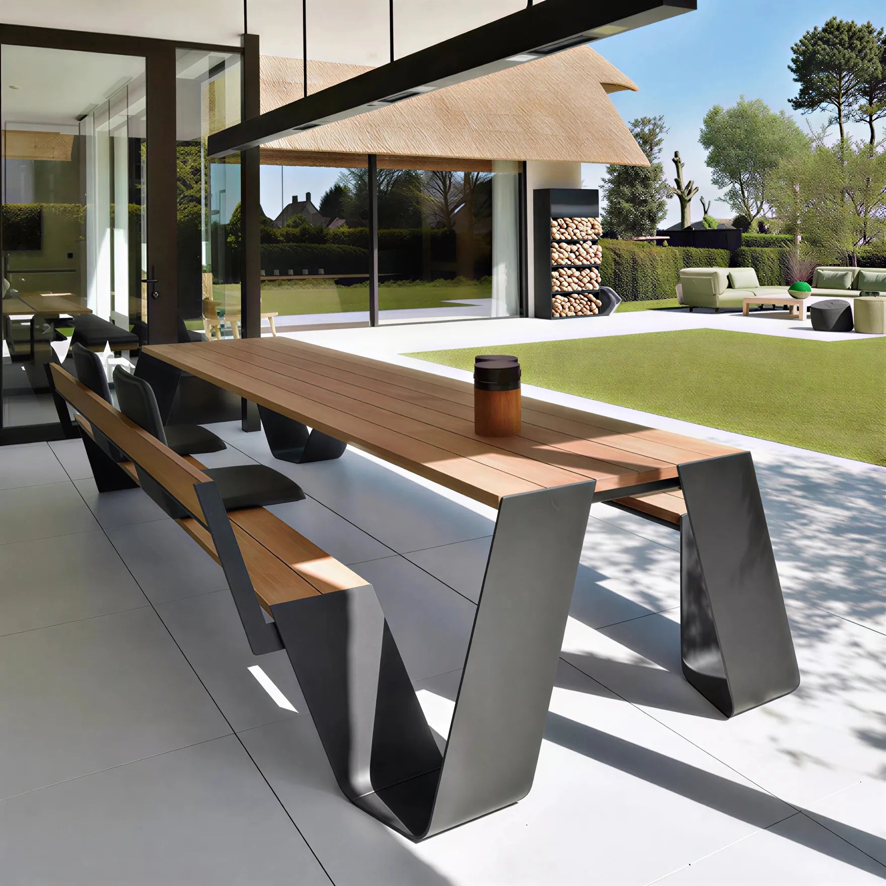 SOLARA Outdoor Dining Table Set - 2.0m Teak Wood Top Stainless Steel Frame Single Backrest Bench Design for Garden Patio Leisure Spaces - Natural