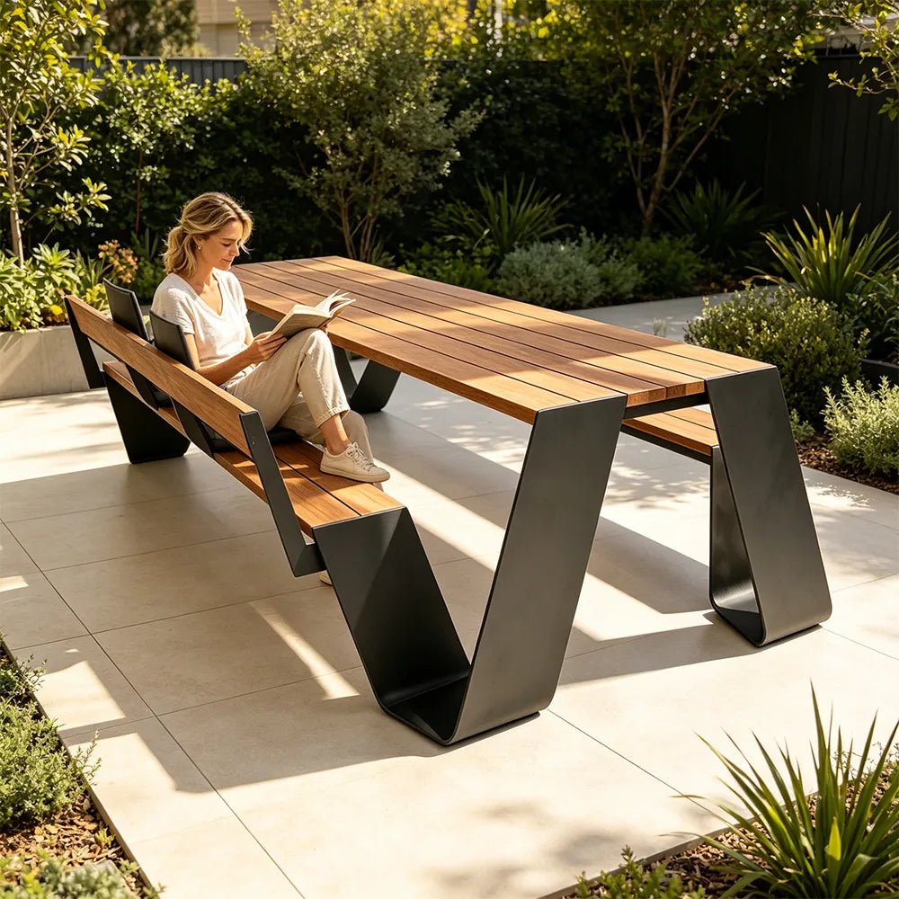 SOLARA Outdoor Dining Table Set - 2.0m Teak Wood Top Stainless Steel Frame Single Backrest Bench Design for Garden Patio Leisure Spaces - Natural