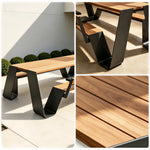 SOLARA Outdoor Dining Table Set - 2.0m Teak Wood Top Stainless Steel Frame Single Backrest Bench Design for Garden Patio Leisure Spaces - Natural