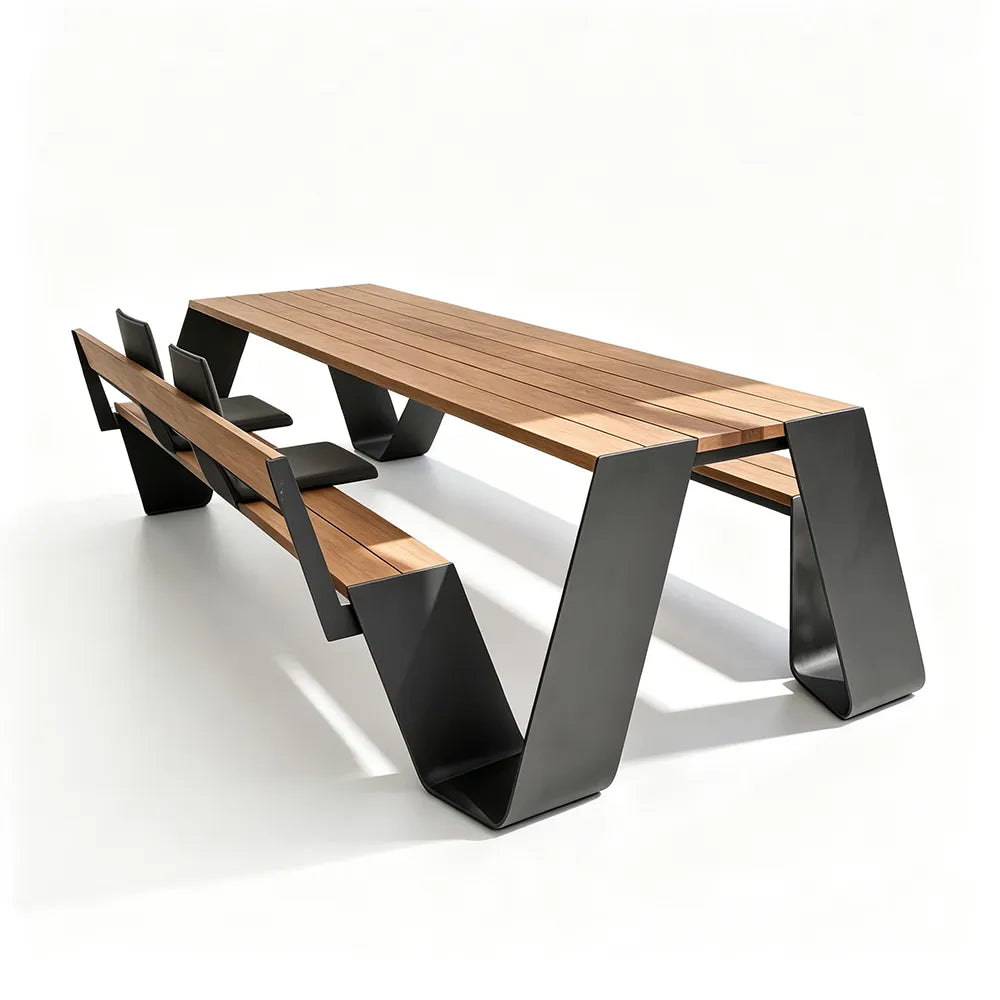 SOLARA Outdoor Dining Table Set - 2.0m Teak Wood Top Stainless Steel Frame Single Backrest Bench Design for Garden Patio Leisure Spaces - Natural