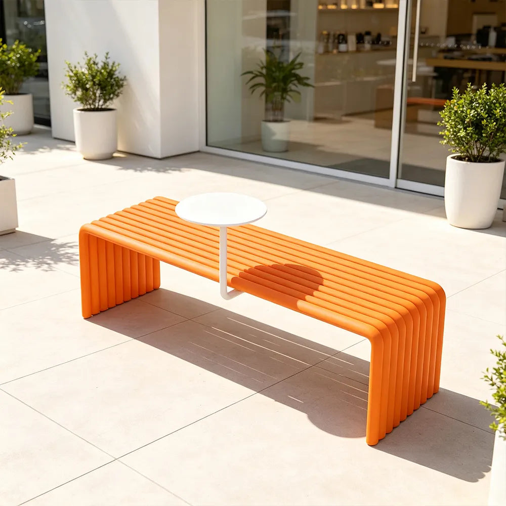 SOLARA Outdoor Bench with Side Table - Modern Design Commercial Seating for Gym Park Cafe Garden Leisure Spaces - Orange & White