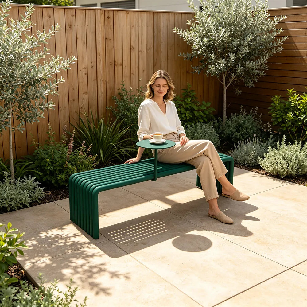 SOLARA Outdoor Bench with Side Table - Modern Design Commercial Seating for Gym Park Cafe Garden Leisure Spaces - Green