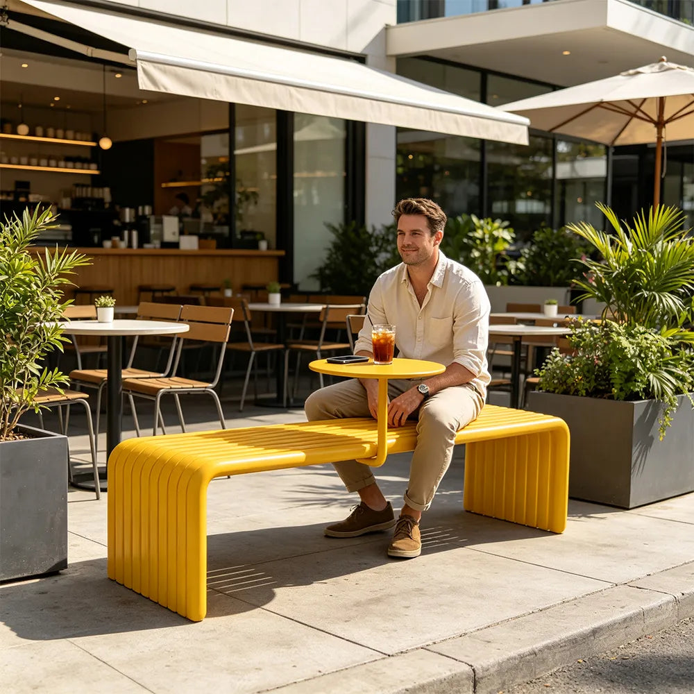 SOLARA Outdoor Bench with Side Table - Modern Design Commercial Seating for Gym Park Cafe Garden Leisure Spaces - Yellow
