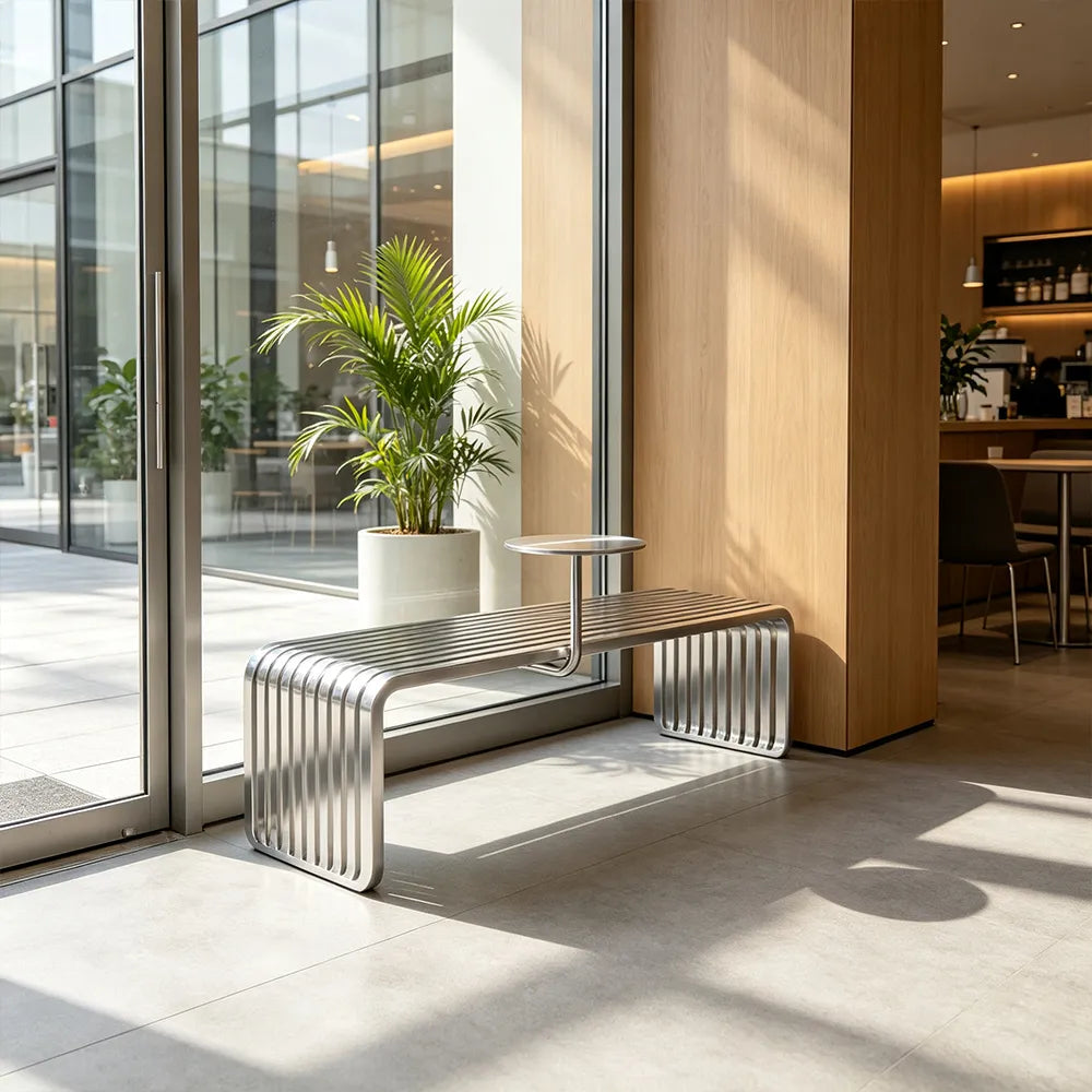 SOLARA Outdoor Bench with Side Table - Modern Design Commercial Seating for Gym Park Cafe Garden Leisure Spaces - Stainless Steel