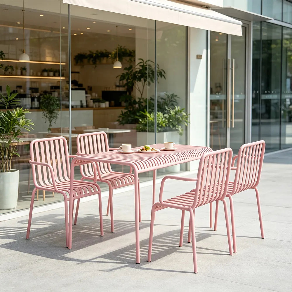 SOLARA Outdoor Dining Set - 1 Table 4 Chairs Iron Frame Weather Resistant Patio Furniture for Garden Balcony Cafe Leisure Spaces - Pink