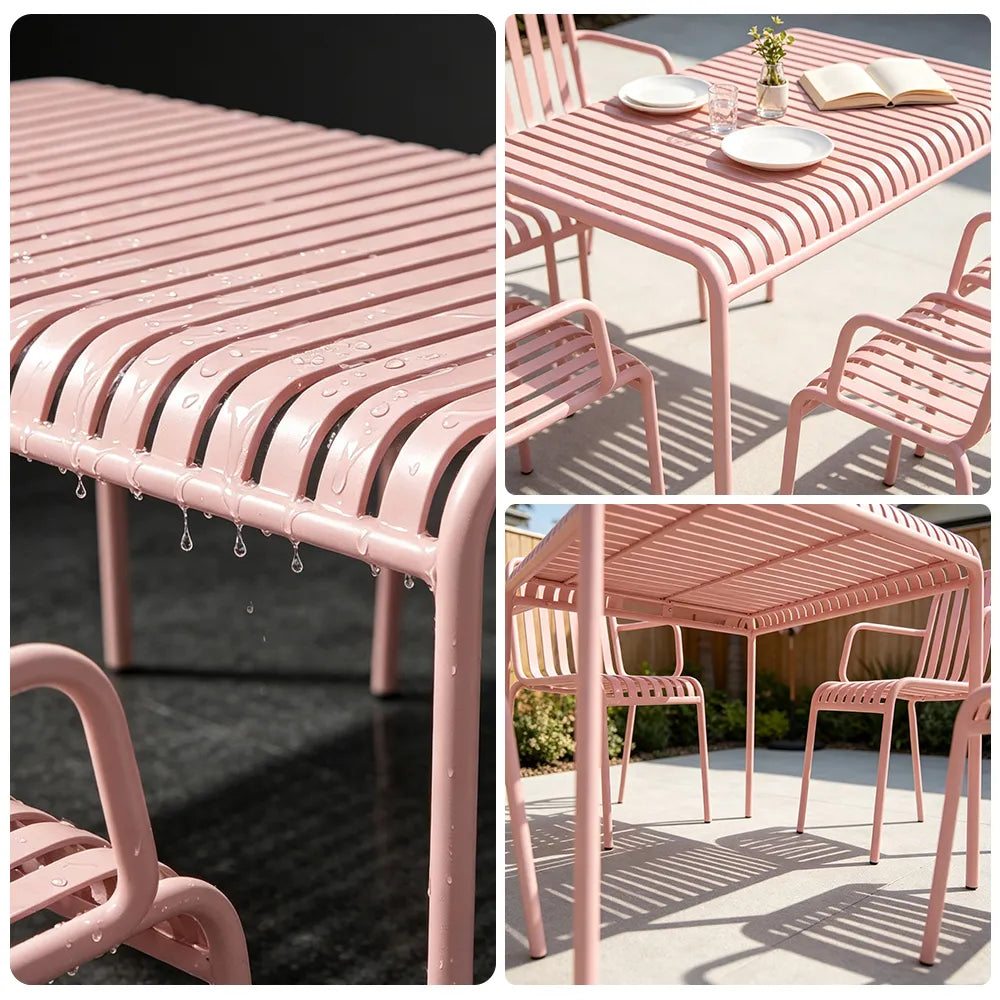 SOLARA Outdoor Dining Set - 1 Table 4 Chairs Iron Frame Weather Resistant Patio Furniture for Garden Balcony Cafe Leisure Spaces - Pink