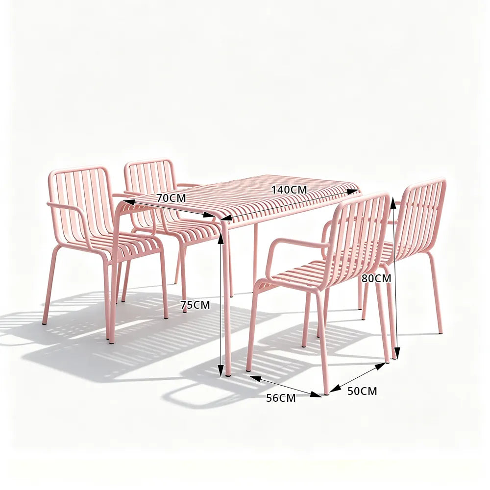 SOLARA Outdoor Dining Set - 1 Table 4 Chairs Iron Frame Weather Resistant Patio Furniture for Garden Balcony Cafe Leisure Spaces - Pink