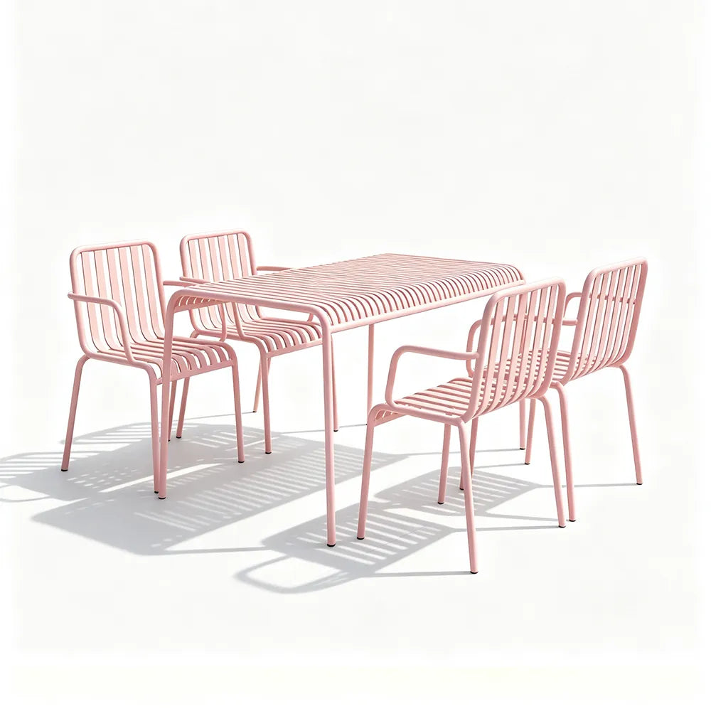 SOLARA Outdoor Dining Set - 1 Table 4 Chairs Iron Frame Weather Resistant Patio Furniture for Garden Balcony Cafe Leisure Spaces - Pink