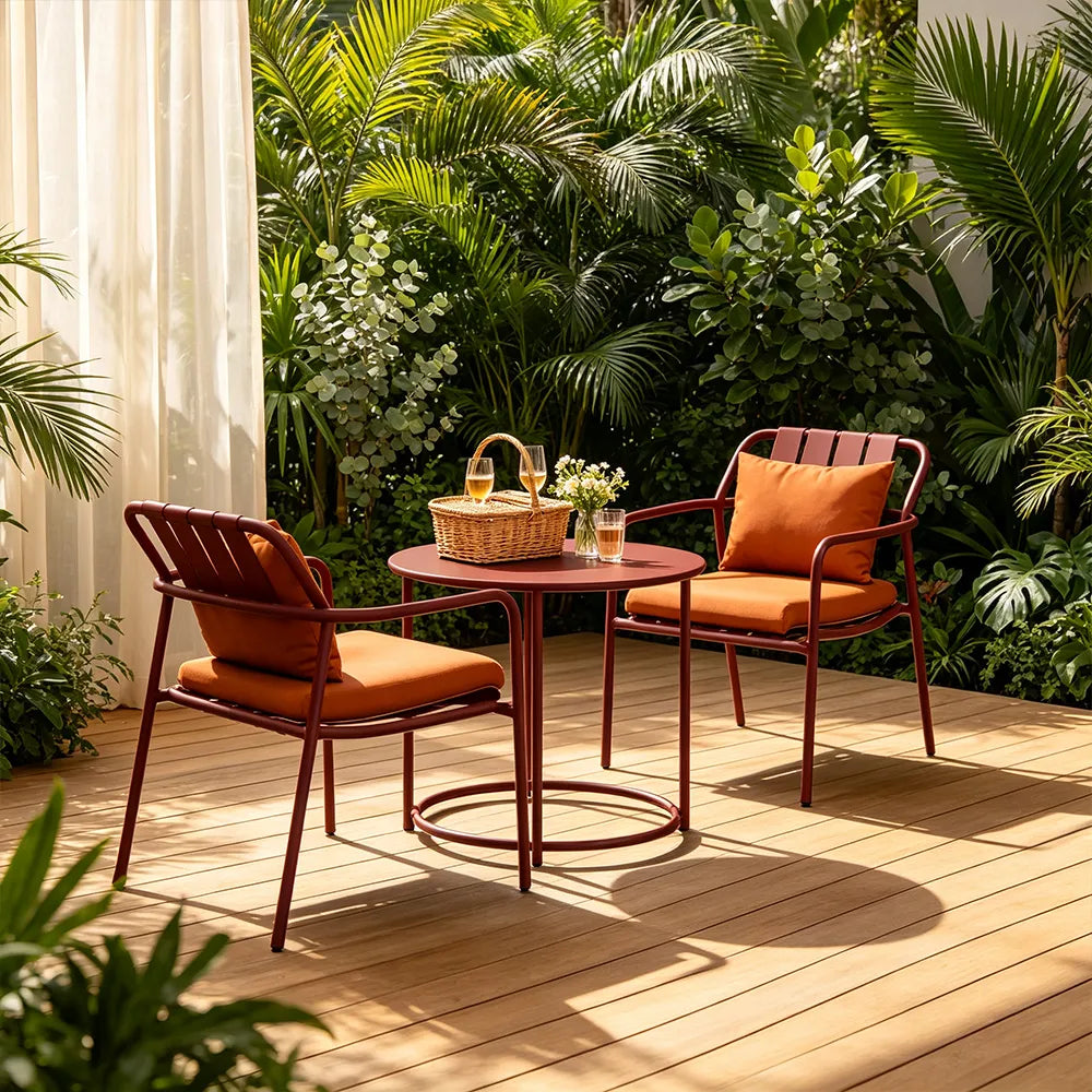 SOLARA Outdoor Bistro Set - 2 Chairs with Round Side Table Iron Frame Patio Furniture for Garden Balcony Cafe Leisure Spaces - Brown