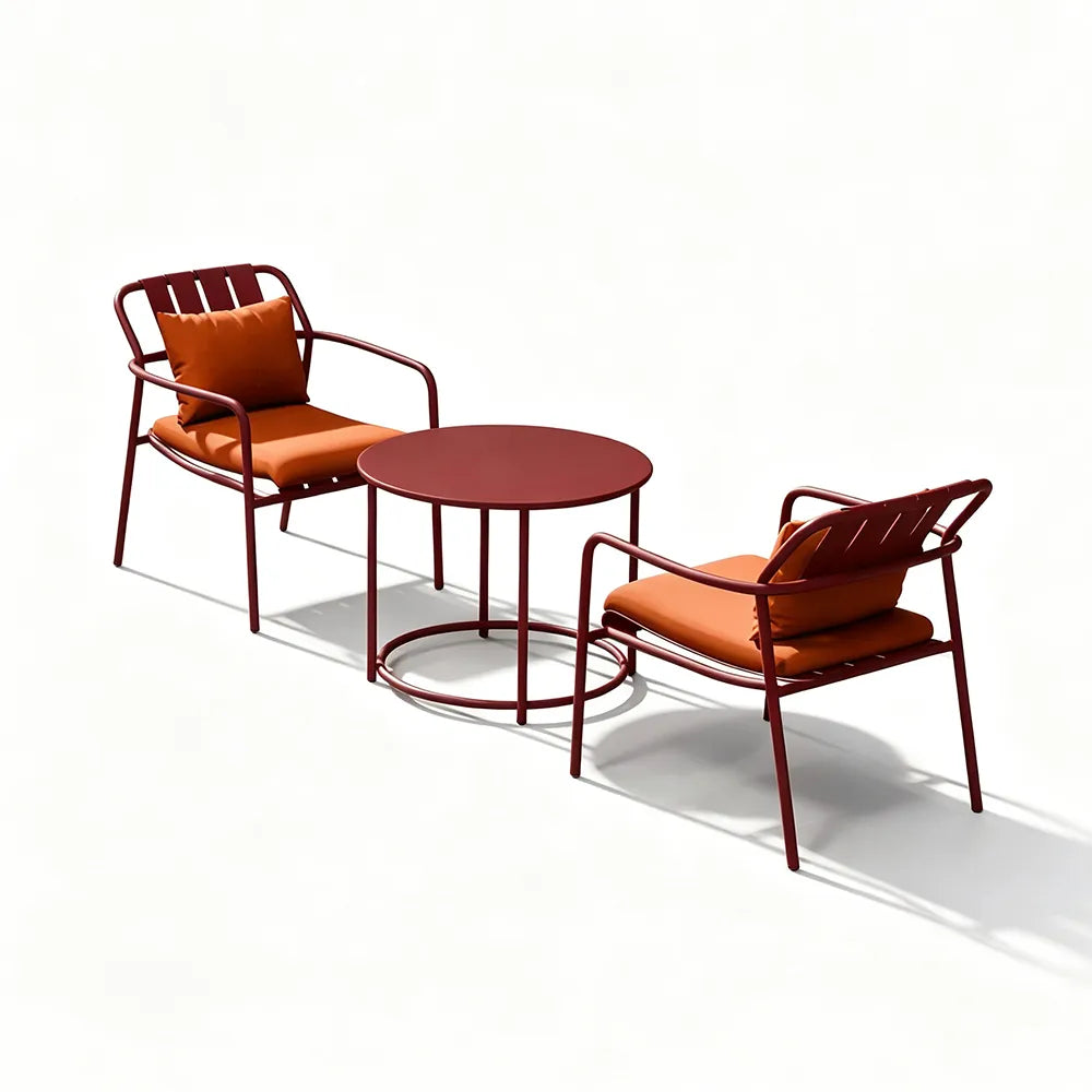 SOLARA Outdoor Bistro Set - 2 Chairs with Round Side Table Iron Frame Patio Furniture for Garden Balcony Cafe Leisure Spaces - Brown