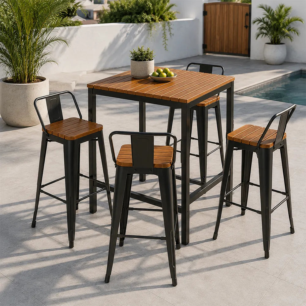 SOLARA Outdoor Bar Table Set - 70cm Square WPC Top with 4 High Chairs Metal Frame Patio Furniture for Garden Balcony Cafe Spaces - Natural