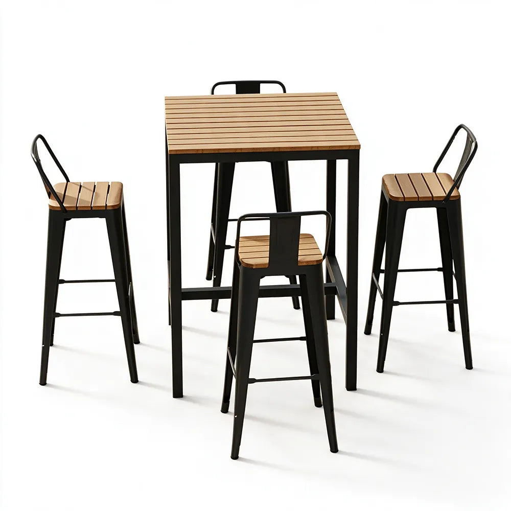 SOLARA Outdoor Bar Table Set - 70cm Square WPC Top with 4 High Chairs Metal Frame Patio Furniture for Garden Balcony Cafe Spaces - Natural