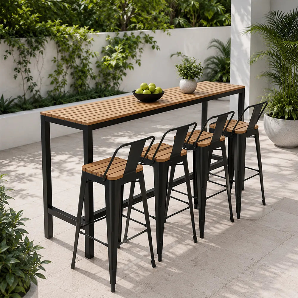 SOLARA Outdoor Bar Table Set - 200cm x 40cm WPC Top with 4 Bar Stools Metal Frame Patio Furniture for Garden Balcony Cafe Spaces - Natural