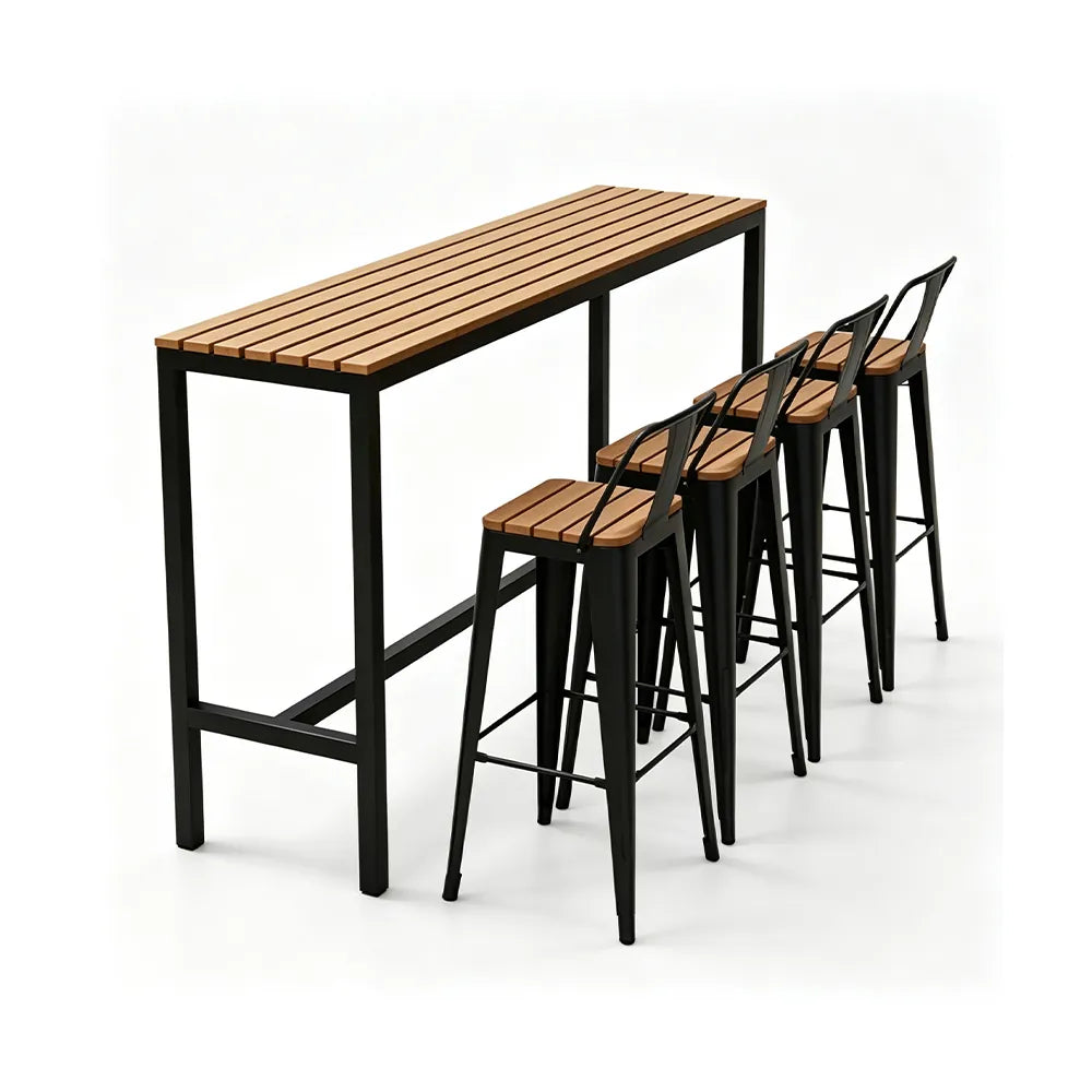 SOLARA Outdoor Bar Table Set - 200cm x 40cm WPC Top with 4 Bar Stools Metal Frame Patio Furniture for Garden Balcony Cafe Spaces - Natural