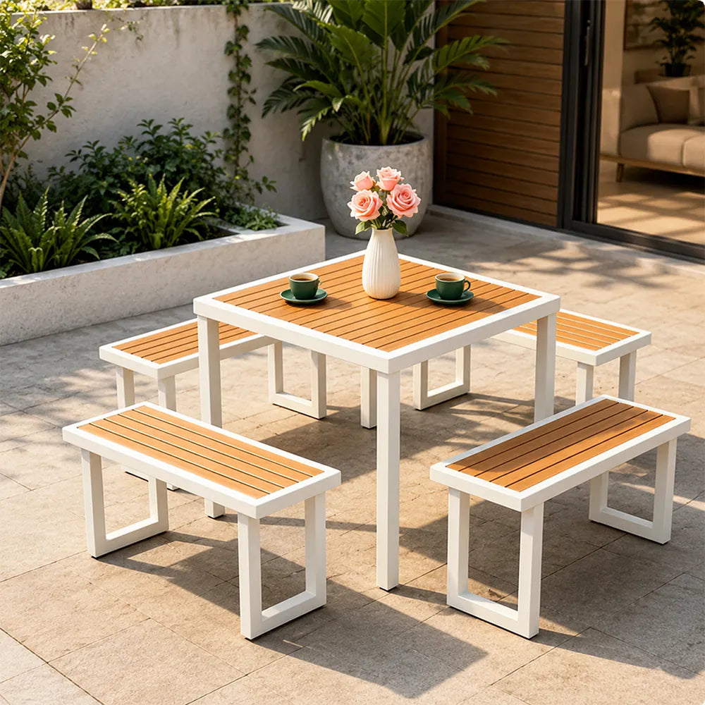 SOLARA Outdoor Dining Set - 75cm Square Table with 4 Benches WPC Surface Iron Frame Patio Furniture for Garden Cafe Leisure Spaces - White