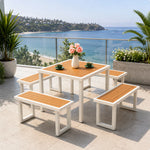 SOLARA Outdoor Dining Set - 75cm Square Table with 4 Benches WPC Surface Iron Frame Patio Furniture for Garden Cafe Leisure Spaces - White