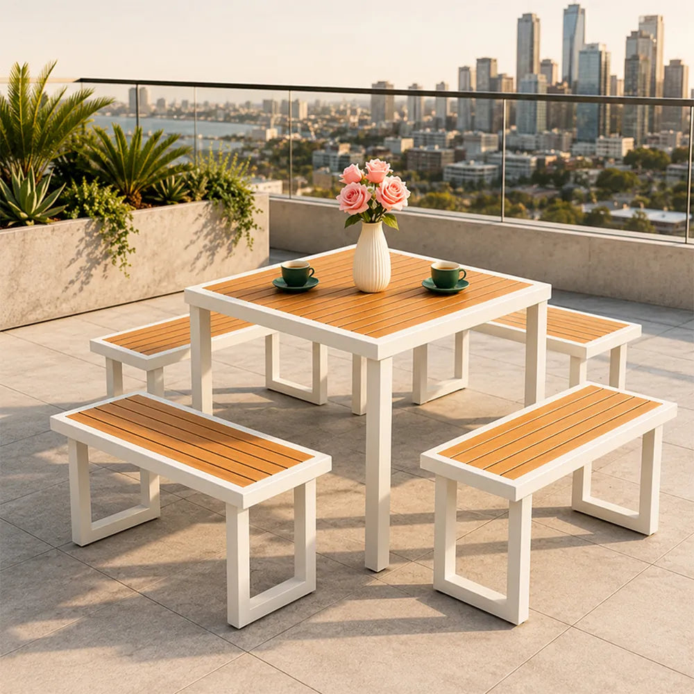 SOLARA Outdoor Dining Set - 75cm Square Table with 4 Benches WPC Surface Iron Frame Patio Furniture for Garden Cafe Leisure Spaces - White