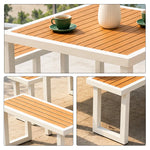SOLARA Outdoor Dining Set - 75cm Square Table with 4 Benches WPC Surface Iron Frame Patio Furniture for Garden Cafe Leisure Spaces - White