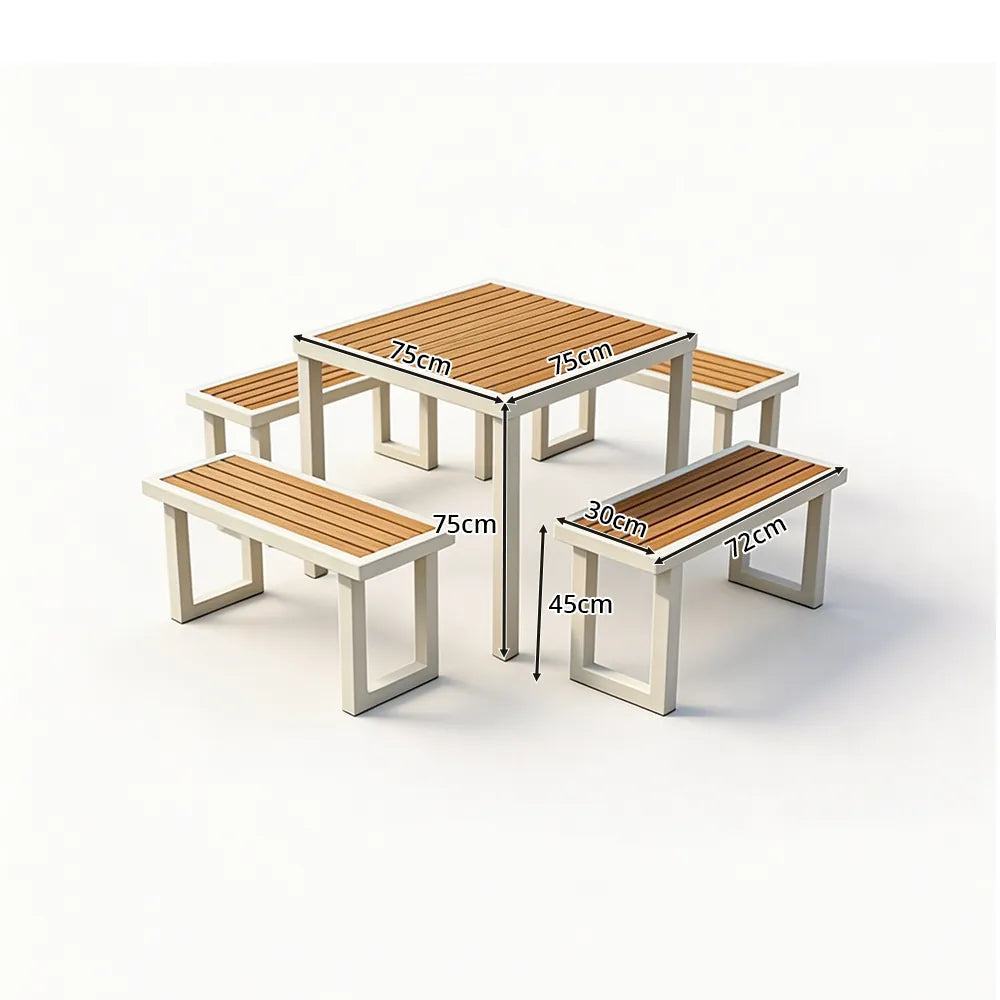 SOLARA Outdoor Dining Set - 75cm Square Table with 4 Benches WPC Surface Iron Frame Patio Furniture for Garden Cafe Leisure Spaces - White