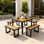 SOLARA Outdoor Dining Set - 75cm Square Table with 4 Benches WPC Surface Iron Frame Patio Furniture for Garden Cafe Leisure Spaces - Black