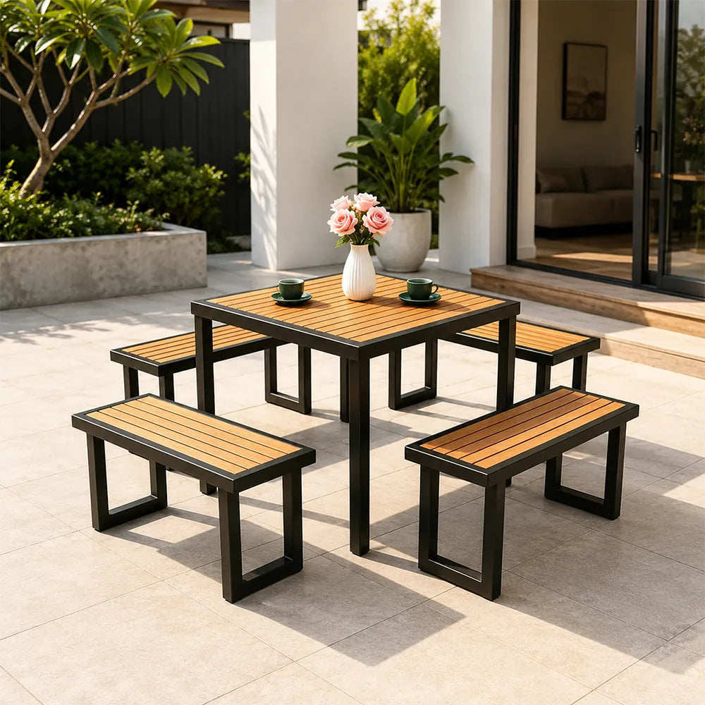 SOLARA Outdoor Dining Set - 75cm Square Table with 4 Benches WPC Surface Iron Frame Patio Furniture for Garden Cafe Leisure Spaces - Black