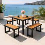 SOLARA Outdoor Dining Set - 75cm Square Table with 4 Benches WPC Surface Iron Frame Patio Furniture for Garden Cafe Leisure Spaces - Black