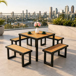 SOLARA Outdoor Dining Set - 75cm Square Table with 4 Benches WPC Surface Iron Frame Patio Furniture for Garden Cafe Leisure Spaces - Black